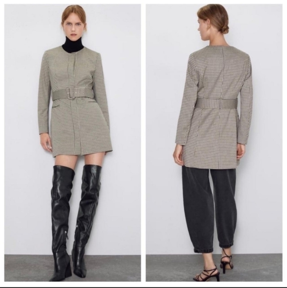 Zara Belted Houndstooth Frock Blazer Coat Dress